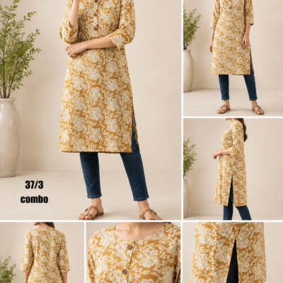 Mustard Yellow Floral Printed Women’s Straight Kurti | Feeling Celebration