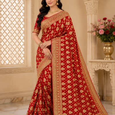 Red Golden Paisley Printed Designer Saree | Feeling Celebration