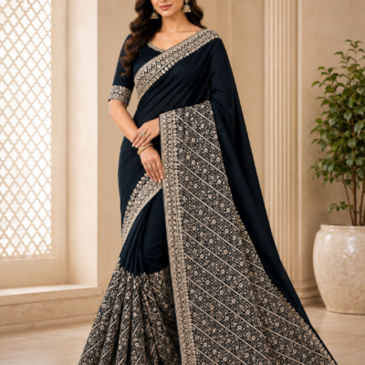 Black & Silver Floral Embroidered Designer Saree | Feeling Celebration