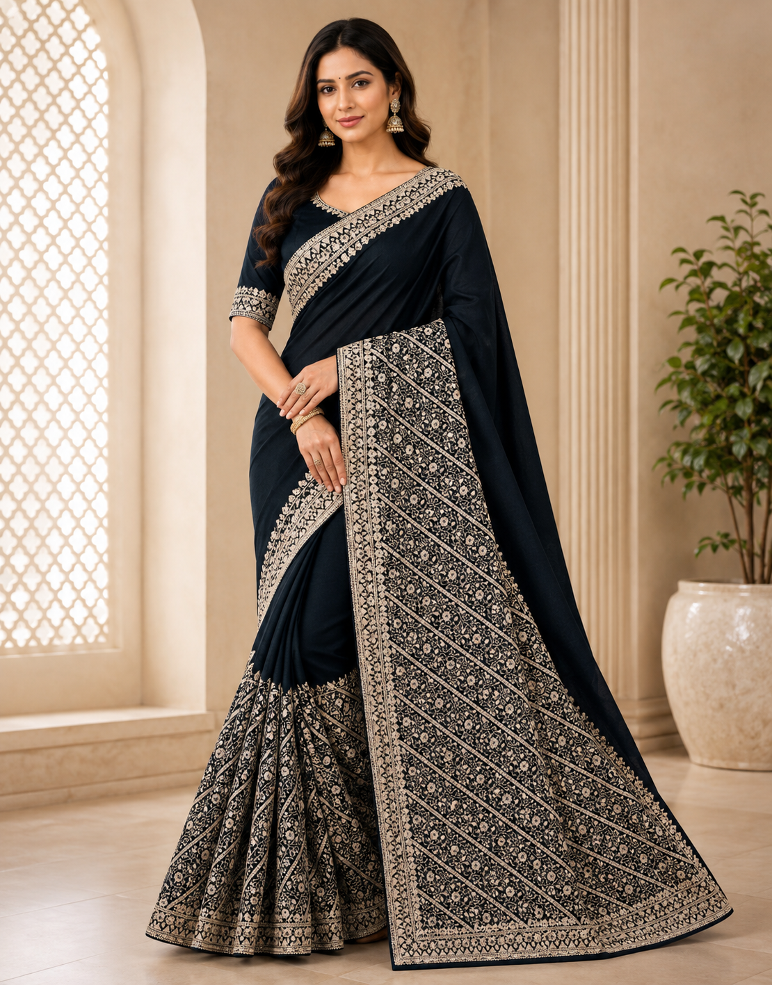 Black & Silver Floral Embroidered Designer Saree | Feeling Celebration