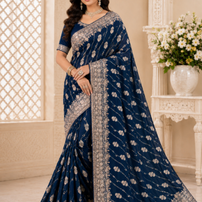 Navy Blue Silver Floral Embroidered Designer Saree | Feeling Celebration