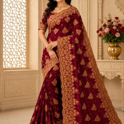 Burgundy Heavy Golden Embroidered Designer Saree | Feeling Celebration