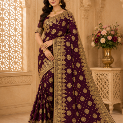 Wine Maroon Heavy Golden Embroidered Designer Saree | Feeling Celebration