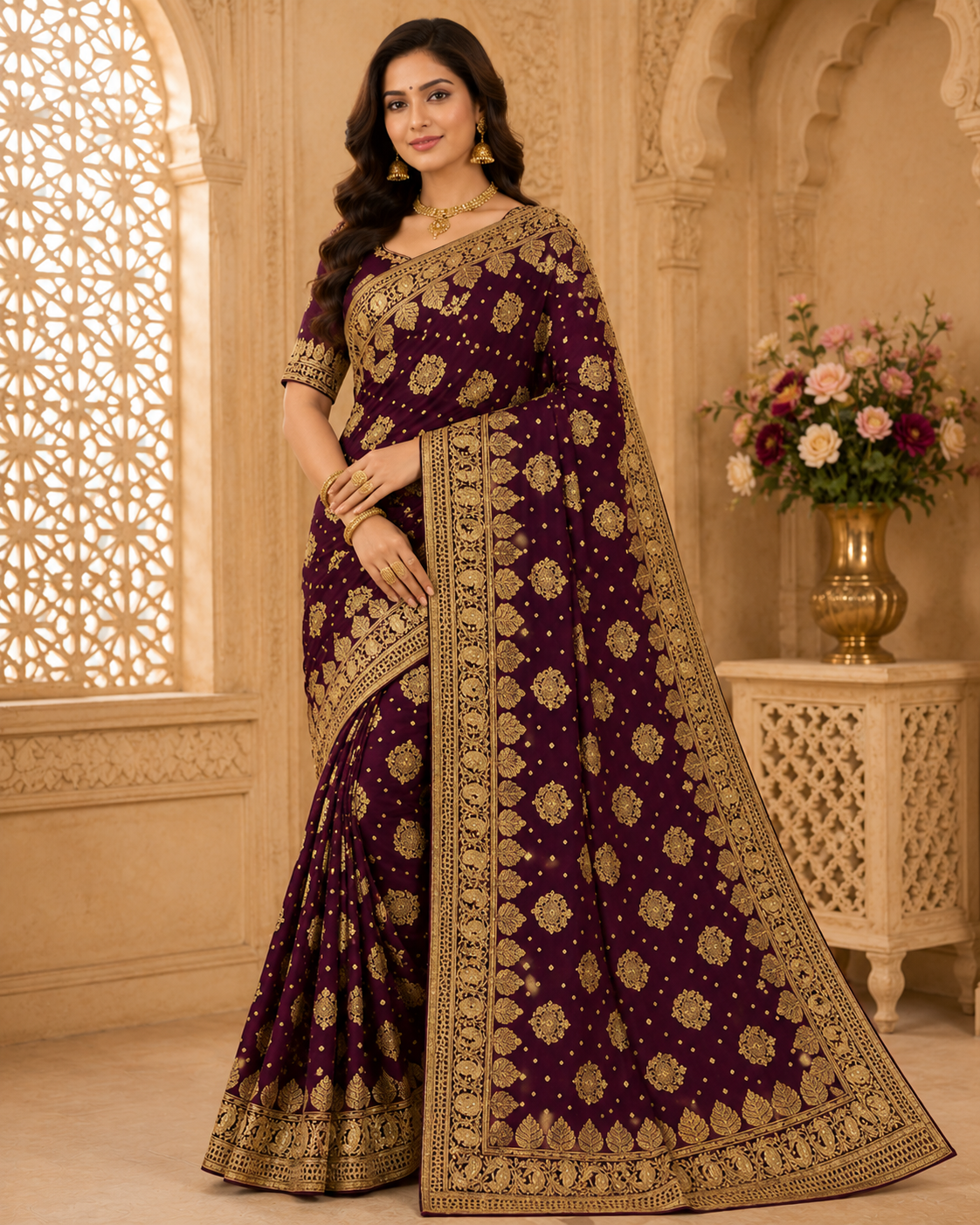 Wine Maroon Heavy Golden Embroidered Designer Saree | Feeling Celebration