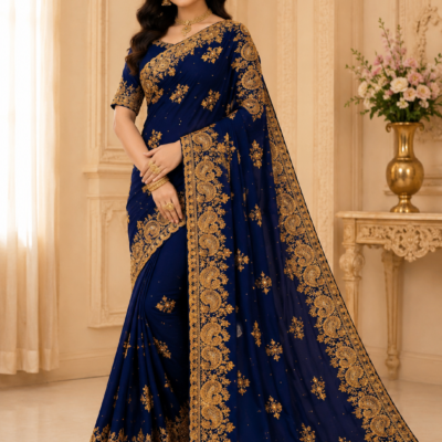 Navy Blue Golden Paisley Embroidered Designer Saree | Feeling Celebration