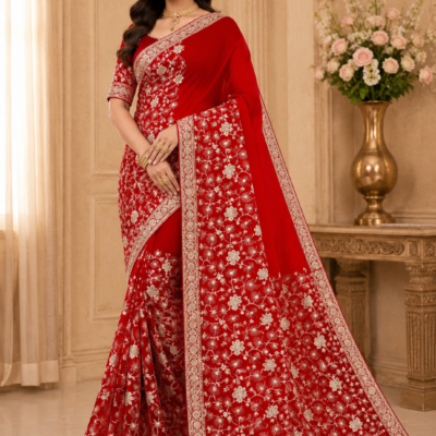 Red Floral Embroidered Designer Saree | Feeling Celebration