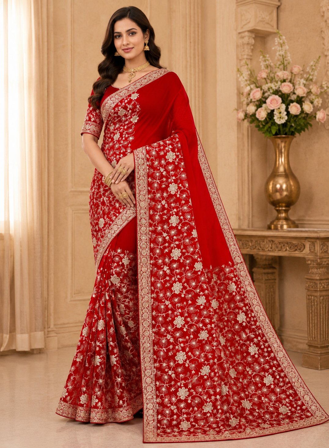 Red Floral Embroidered Designer Saree | Feeling Celebration