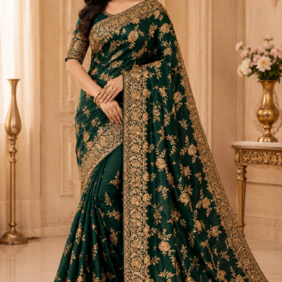 Dark Green Heavy Golden Floral Embroidered Designer Saree | Feeling Celebration