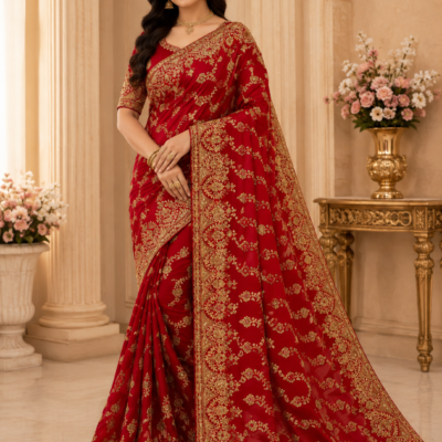 Red Bridal Heavy Embroidered Designer Saree | Feeling Celebration