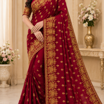 Maroon Heavy Golden Embroidered Designer Saree | Feeling Celebration