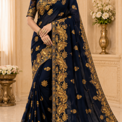 Navy Blue Golden Paisley Embroidered Designer Saree | Feeling Celebration