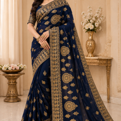 Navy Blue Gold Paisley Embroidered Designer Saree | Feeling Celebration