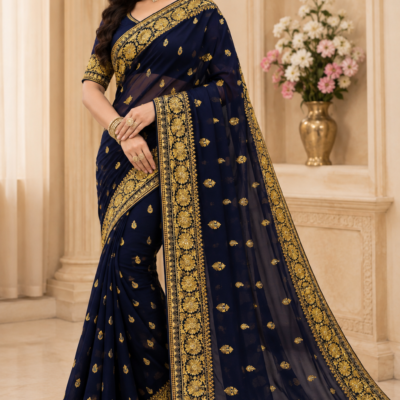 Navy Blue Heavy Golden Embroidered Designer Saree | Feeling Celebration
