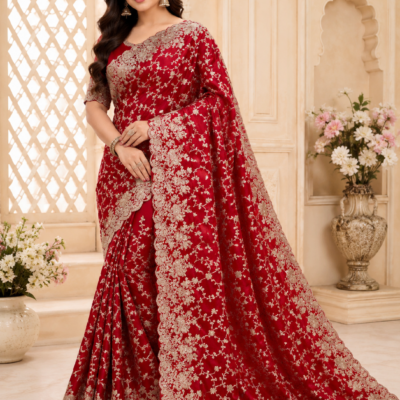 Red Luxury Silk Embroidered Designer Saree | Feeling Celebration