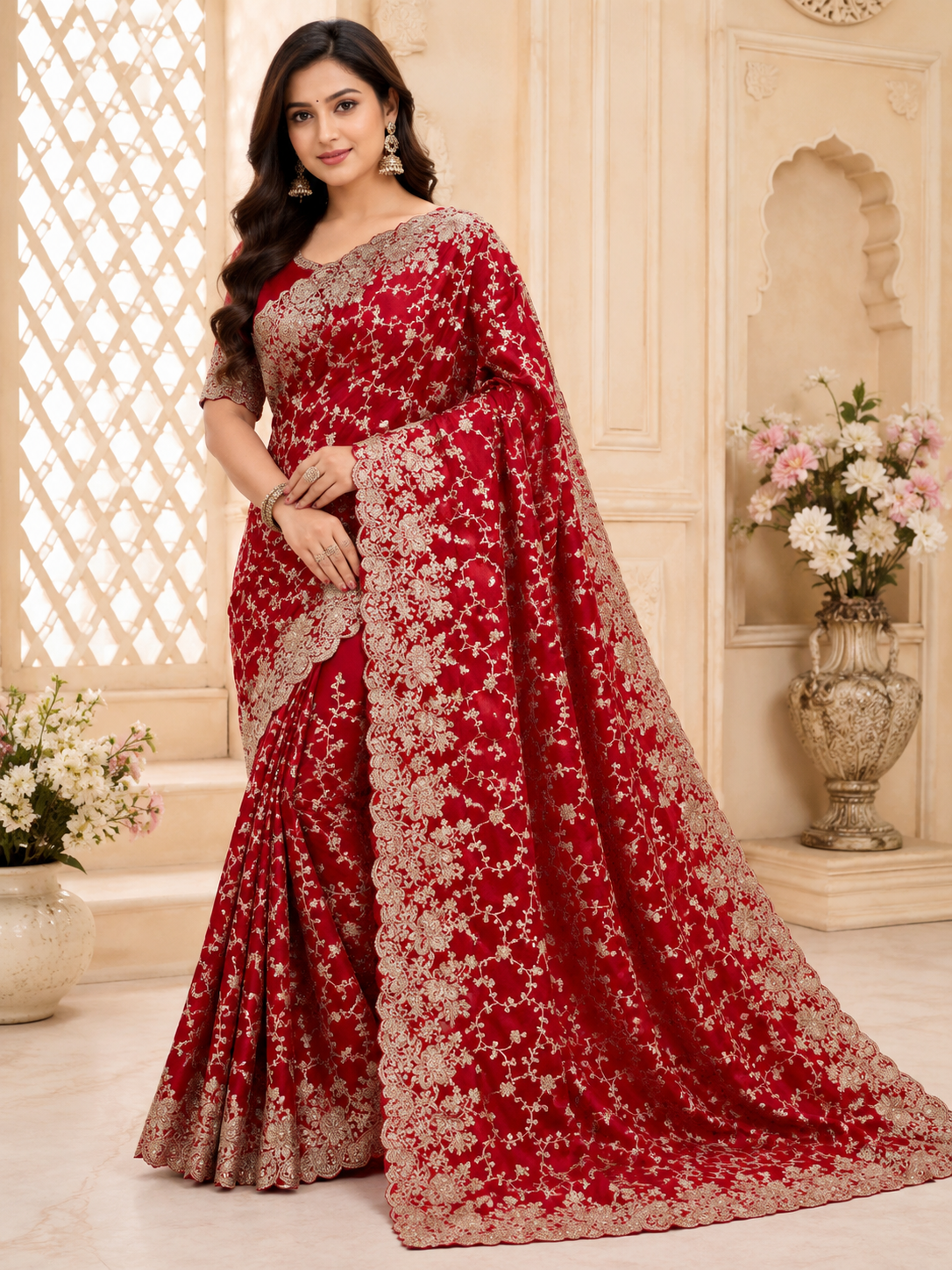 Red Luxury Silk Embroidered Designer Saree | Feeling Celebration