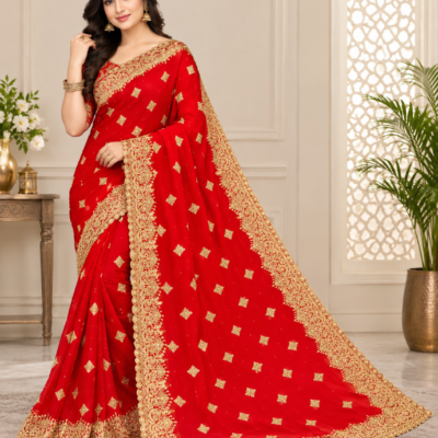 Red Gold Embroidered Designer Saree | Feeling Celebration