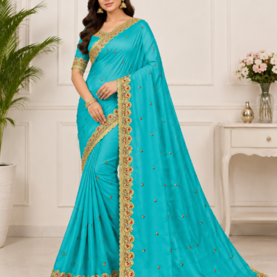 Turquoise Blue Embroidered Designer Saree | Feeling Celebration