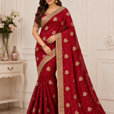 Maroon Gold Butti Embroidered Designer Saree | Feeling Celebration