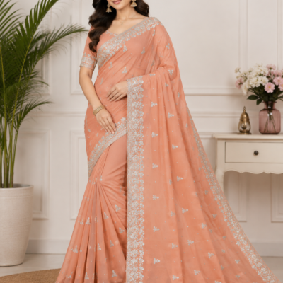 Peach Silver Embroidered Designer Saree | Feeling Celebration