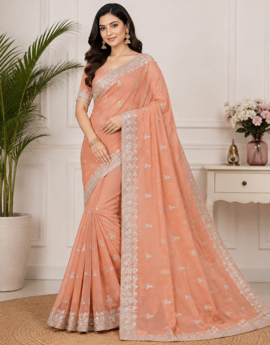 Peach Silver Embroidered Designer Saree | Feeling Celebration