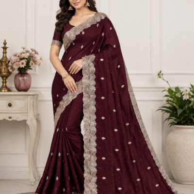 Burgundy Silver Lace Work Designer Saree | Feeling Celebration