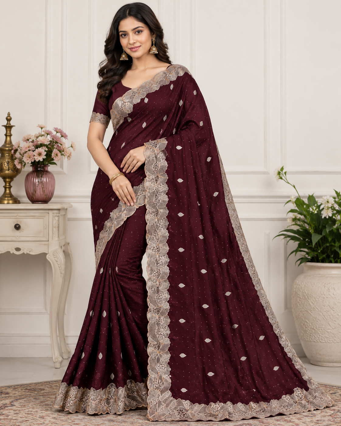 Burgundy Silver Lace Work Designer Saree | Feeling Celebration