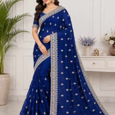Royal Blue Silver Embroidered Designer Saree | Feeling Celebration