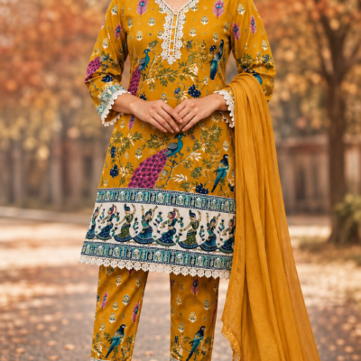 Mustard Yellow Peacock Print Kurta Pant with Dupatta Set | Feeling Celebration