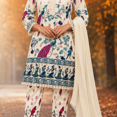 Cream Peacock Print Kurta Pant with Dupatta Set | Feeling Celebration