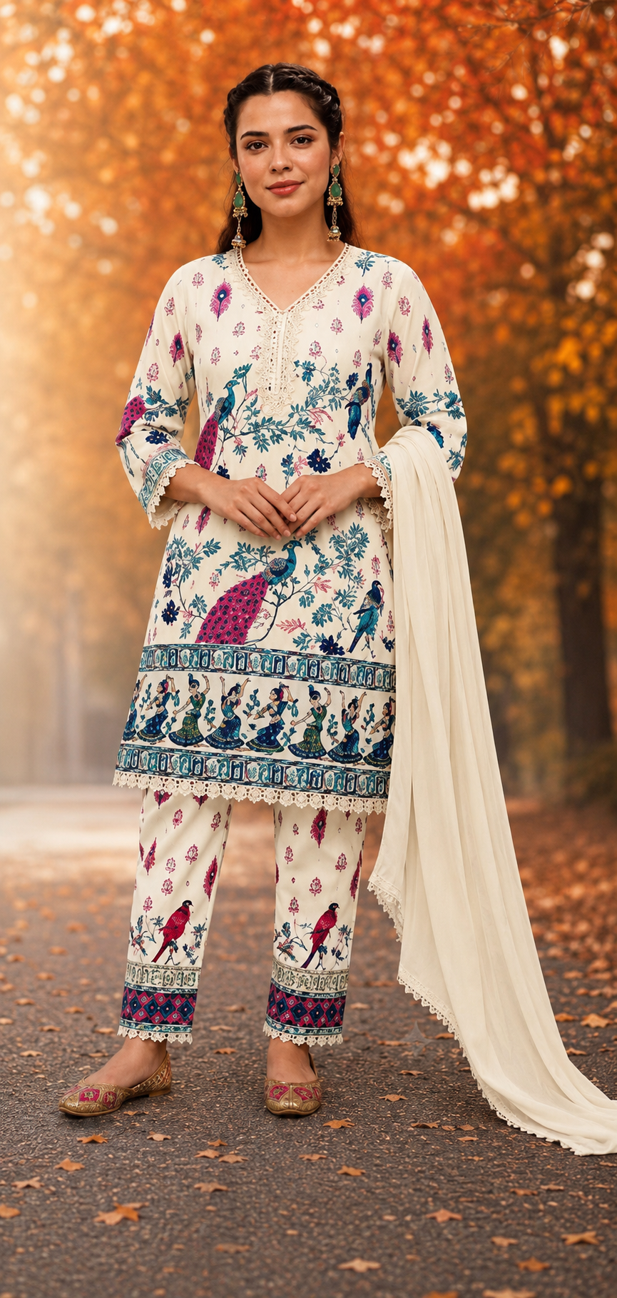Cream Peacock Print Kurta Pant with Dupatta Set | Feeling Celebration