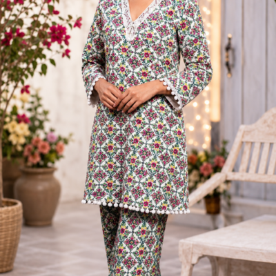 White Floral Printed Kurta Pant Set for Women | Feeling Celebration
