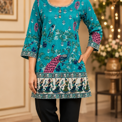 Teal Peacock Print Kurta Pant Set for Women | Feeling Celebration