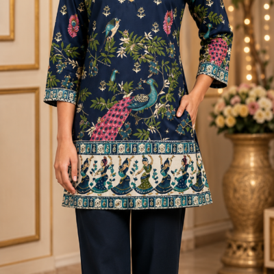 Navy Blue Peacock Print Kurta Pant Set for Women | Feeling Celebration