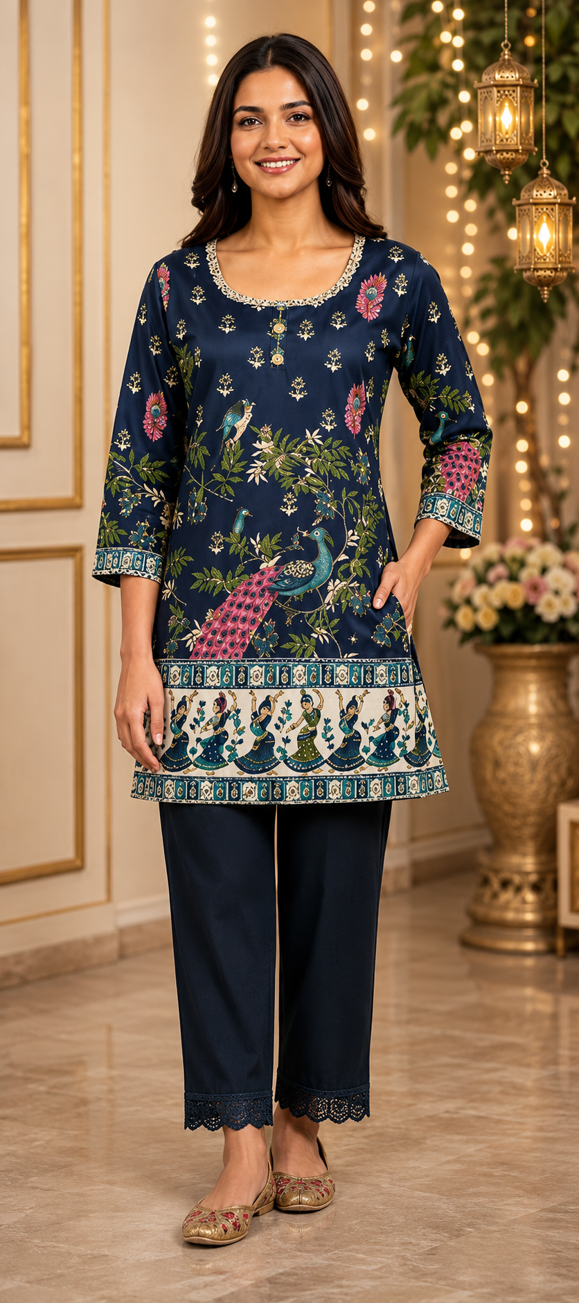 Navy Blue Peacock Print Kurta Pant Set for Women | Feeling Celebration