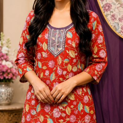 Red Floral Printed Kurta Pant with Dupatta Set | Feeling Celebration