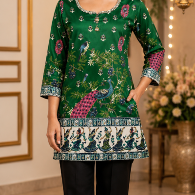 Green Peacock Print Kurta Pant Set for Wome