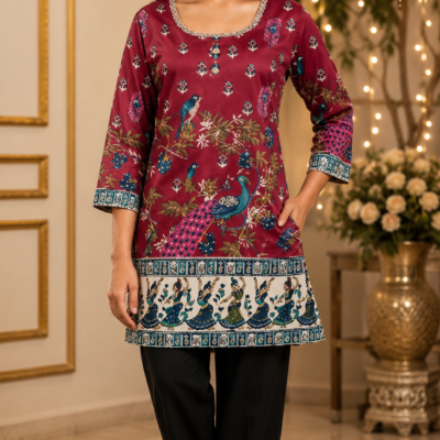 Maroon Peacock Print Kurta Pant Set for Women | Feeling Celebration