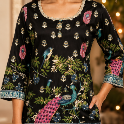Black Peacock Printed Designer Kurti for Women