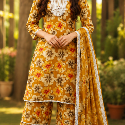 Mustard Yellow Floral Printed Kurta Palazzo Set with Dupatta | Feeling Celebration