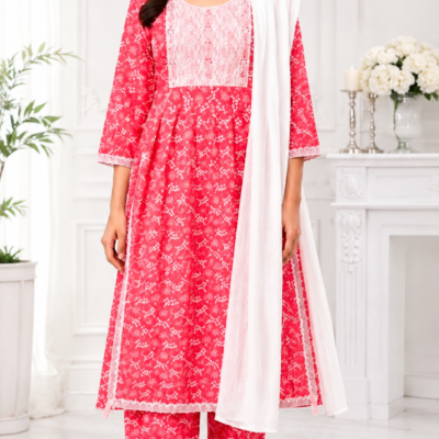 Pink Printed Kurta Pant Set with White Dupatta for Women | Feeling Celebration
