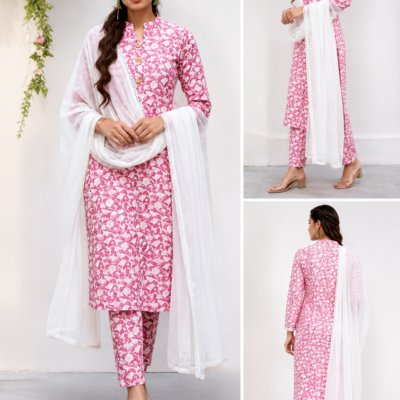 Women’s Pink & White Floral Printed Kurta Pant Dupatta Set | Feeling Celebration
