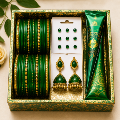 Green Bridal Bangle Gift Set with Earrings & Mehndi | Feeling Celebration