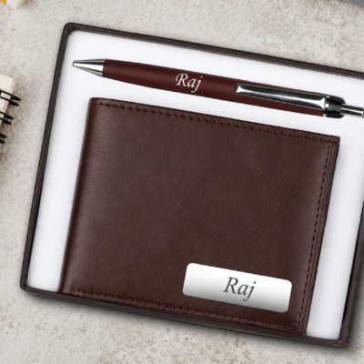 Personalized Brown Wallet & Pen Gift Set for Men | Feeling Celebration