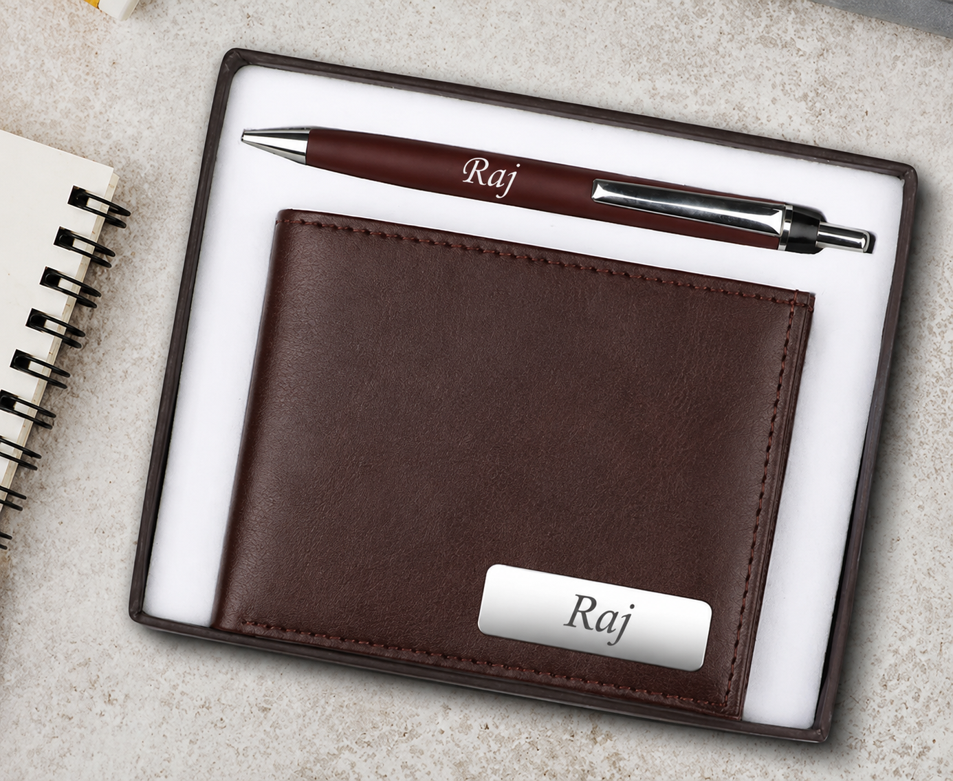 Personalized Brown Wallet & Pen Gift Set for Men | Feeling Celebration