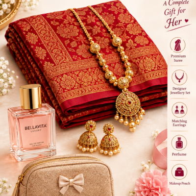 Premium Saree Gift Combo for Women – Saree, Jewellery, Perfume & Makeup Pouch | Feeling Celebration