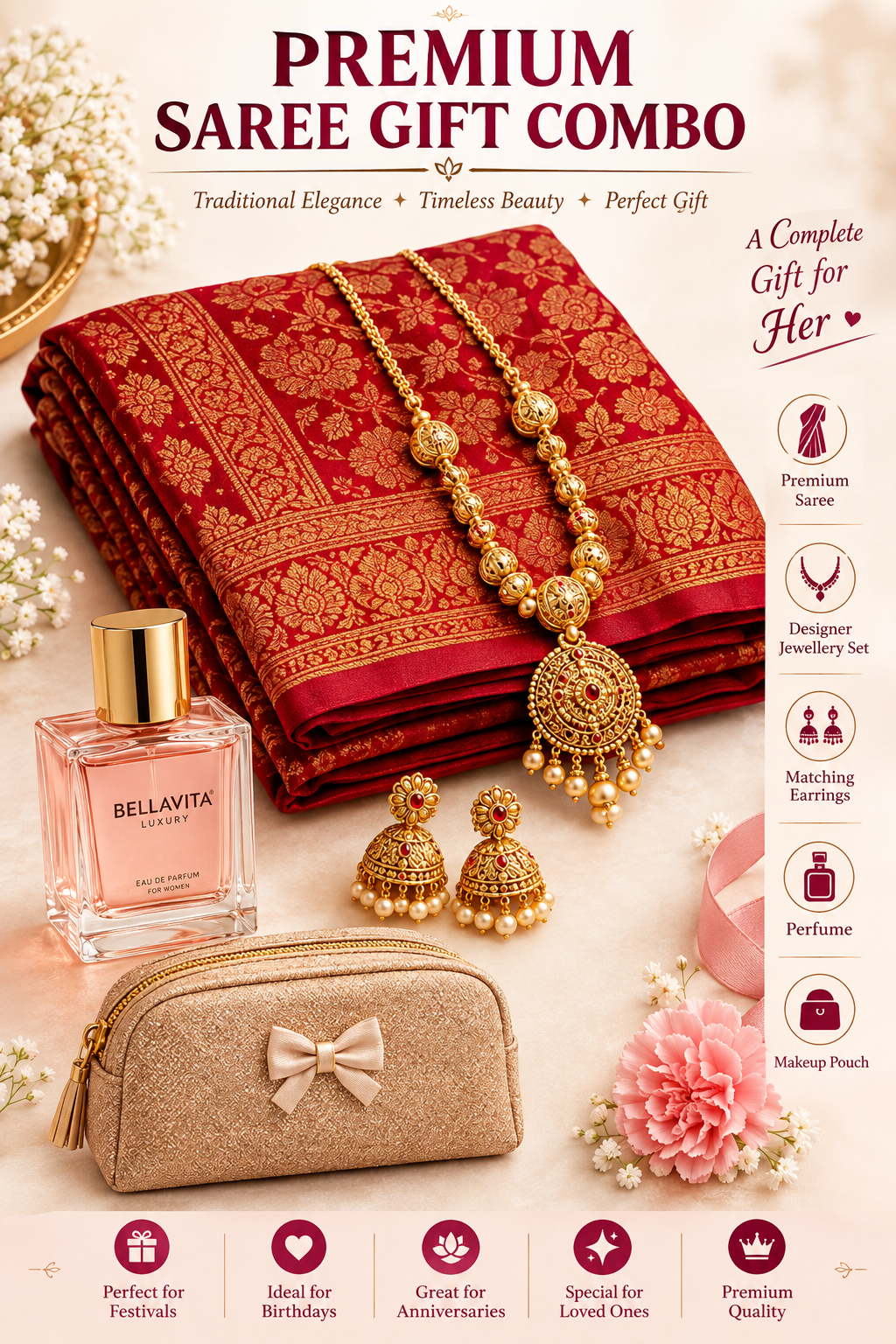 Premium Saree Gift Combo for Women – Saree, Jewellery, Perfume & Makeup Pouch | Feeling Celebration
