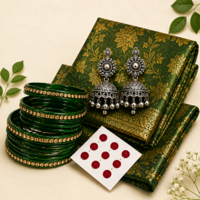 Ethnic Elegance Combo – Saree, Oxidised Earrings, Bangles & Bindi | Feeling Celebration