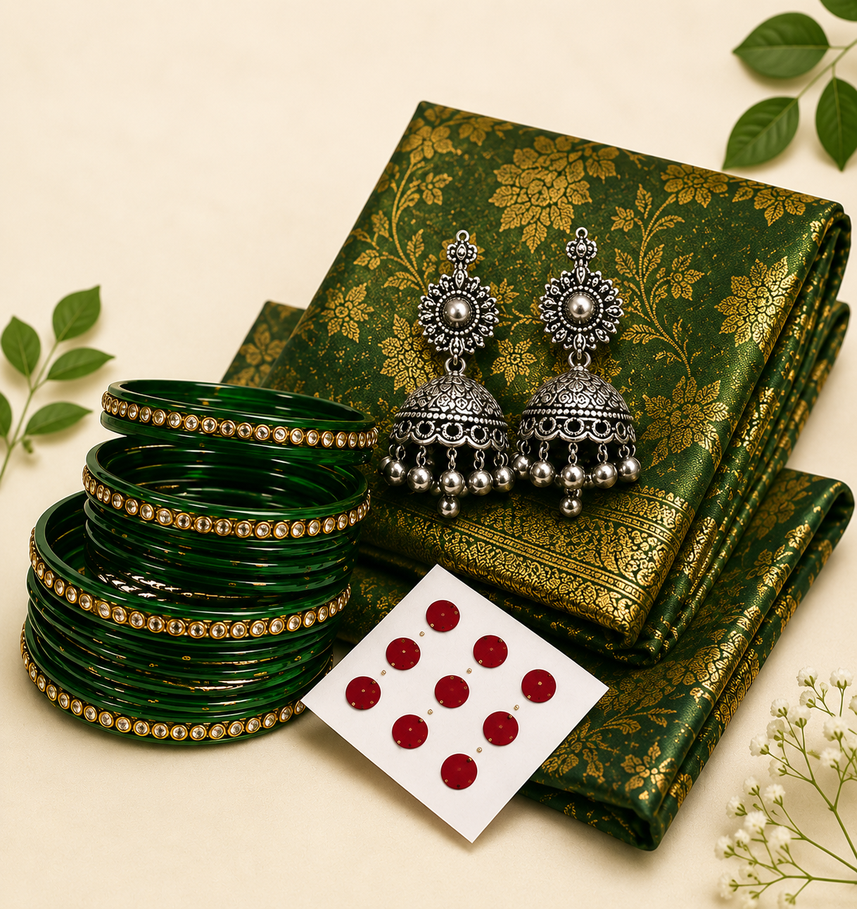 Ethnic Elegance Combo – Saree, Oxidised Earrings, Bangles & Bindi | Feeling Celebration
