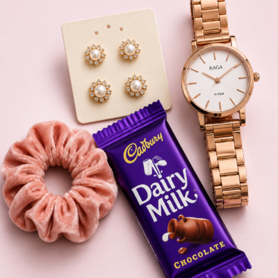 Simple & Sweet Gift Combo for Her – Watch, Earrings, Scrunchie & Chocolate | Feeling Celebration