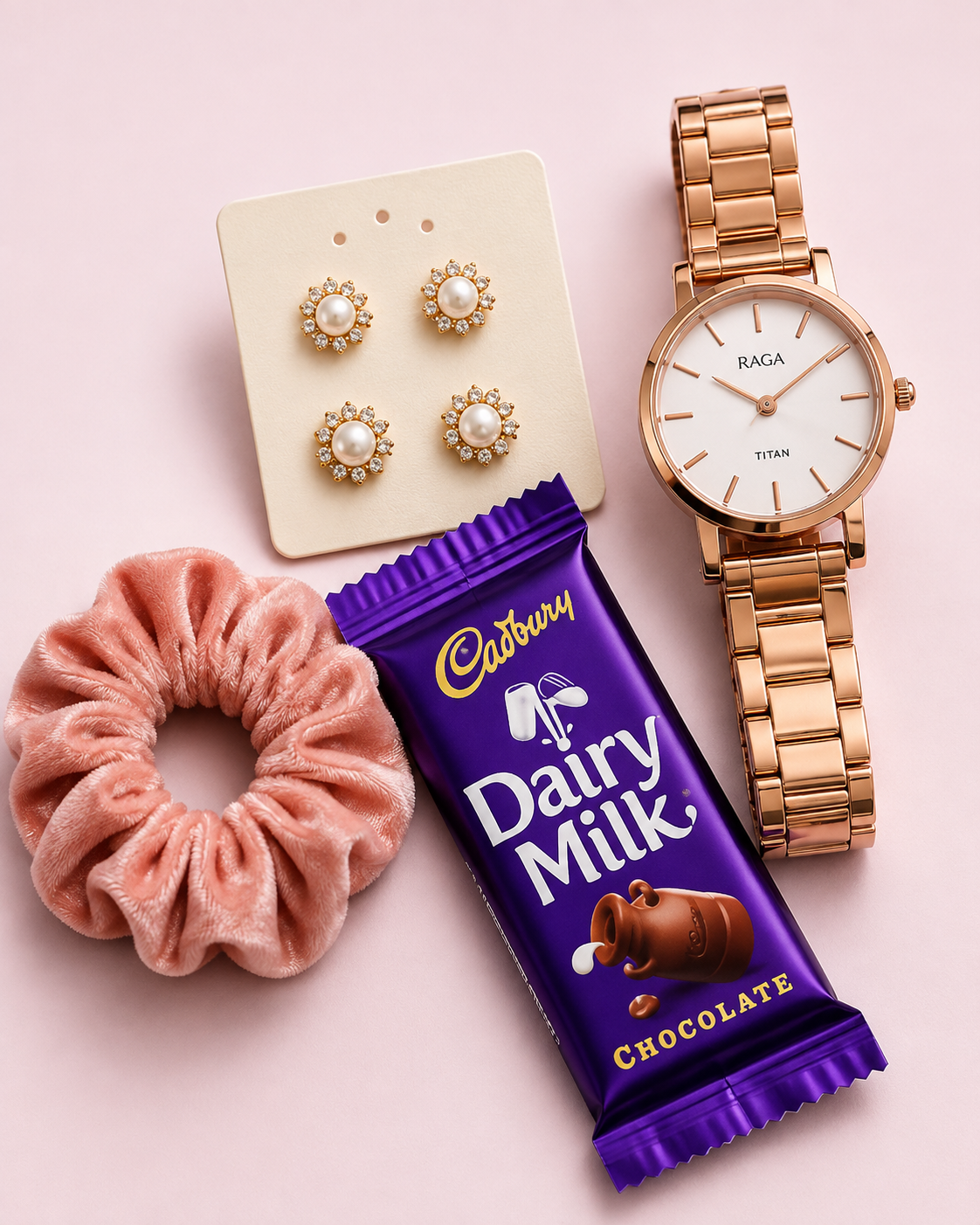 Simple & Sweet Gift Combo for Her – Watch, Earrings, Scrunchie & Chocolate | Feeling Celebration